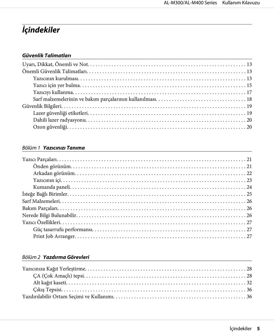 .. 20 Bölüm 1 Yazıcınızı Tanıma Yazıcı Parçaları... 21 Önden görünüm... 21 Arkadan görünüm... 22 Yazıcının içi... 23 Kumanda paneli... 24 İsteğe Bağlı Birimler... 25 Sarf Malzemeleri.