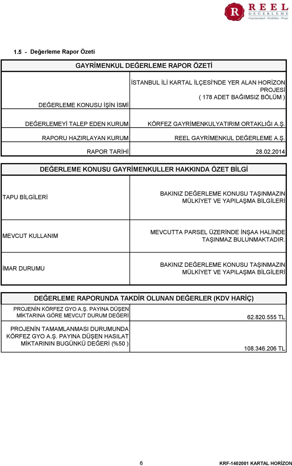 2014 DEĞERLEME KONUSU GAYRİMENKULLER HAKKINDA ÖZET BİLGİ TAPU BİLGİLERİ BAKINIZ DEĞERLEME KONUSU TAŞINMAZIN MÜLKİYET VE YAPILAŞMA BİLGİLERİ MEVCUT KULLANIM MEVCUTTA PARSEL ÜZERİNDE İNŞAA HALİNDE