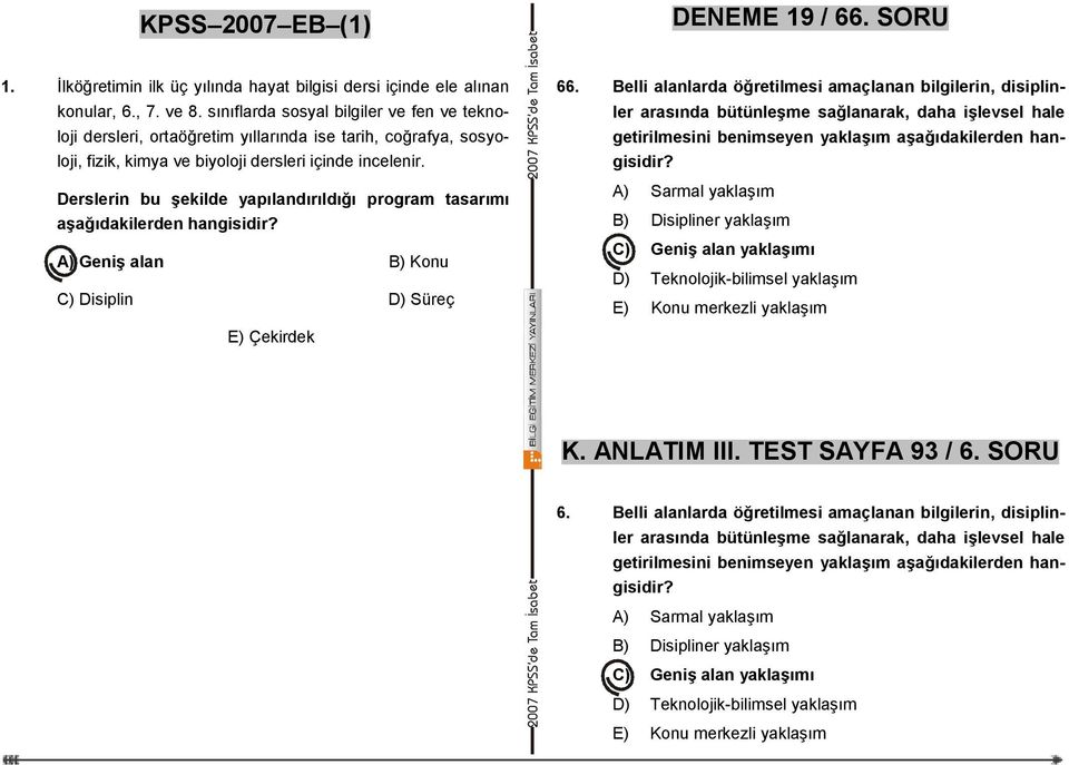 Derslerin bu şekilde yapılandırıldığı program tasarımı aşağıdakilerden hangisidir? A) Geniş alan B) Konu C) Disiplin D) Süreç E) Çekirdek 66.