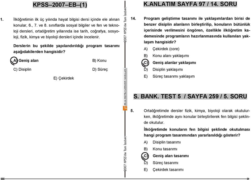 Derslerin bu şekilde yapılandırıldığı program tasarımı aşağıdakilerden hangisidir? A) Geniş alan B) Konu C) Disiplin D) Süreç E) Çekirdek 14.