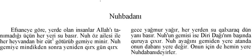 Nuh gemiye mindikden sonra yeniden qırx gün qırx gece yağmur yağır, her yerden su qalxaraq dün yanı