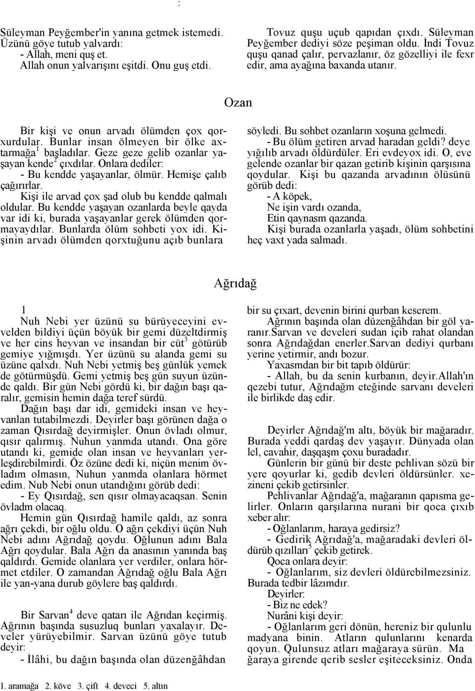 Bunlar insan ölmeyen bir ölke axtarmağa 1 başladılar. Geze geze gelib ozanlar yaşayan kende 2 çıxdılar. Onlara dediler: - Bu kendde yaşayanlar, ölmür. Hemişe çalıb çağırırlar.