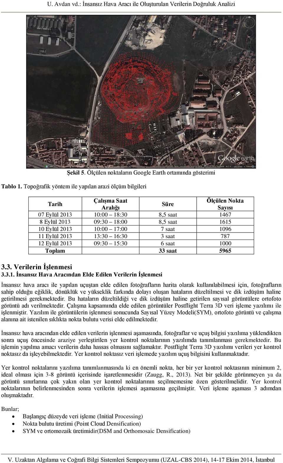 10:00 17:00 7 saat 1096 11 Eylül 2013 13:30 16:30 3 saat 787 12 Eylül 2013 09:30 15:30 6 saat 1000 Toplam 33 saat 5965 3.3. Verilerin İşlenmesi 3.3.1. İnsansız Hava Aracından Elde Edilen Verilerin