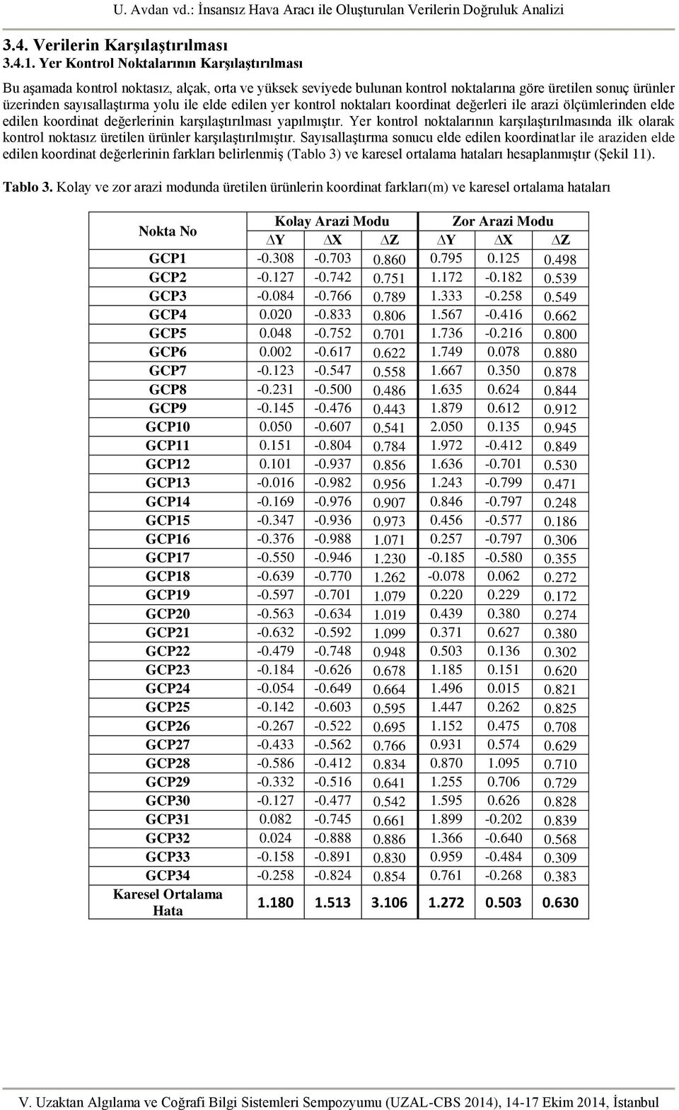 edilen yer kontrol noktaları koordinat değerleri ile arazi ölçümlerinden elde edilen koordinat değerlerinin karşılaştırılması yapılmıştır.