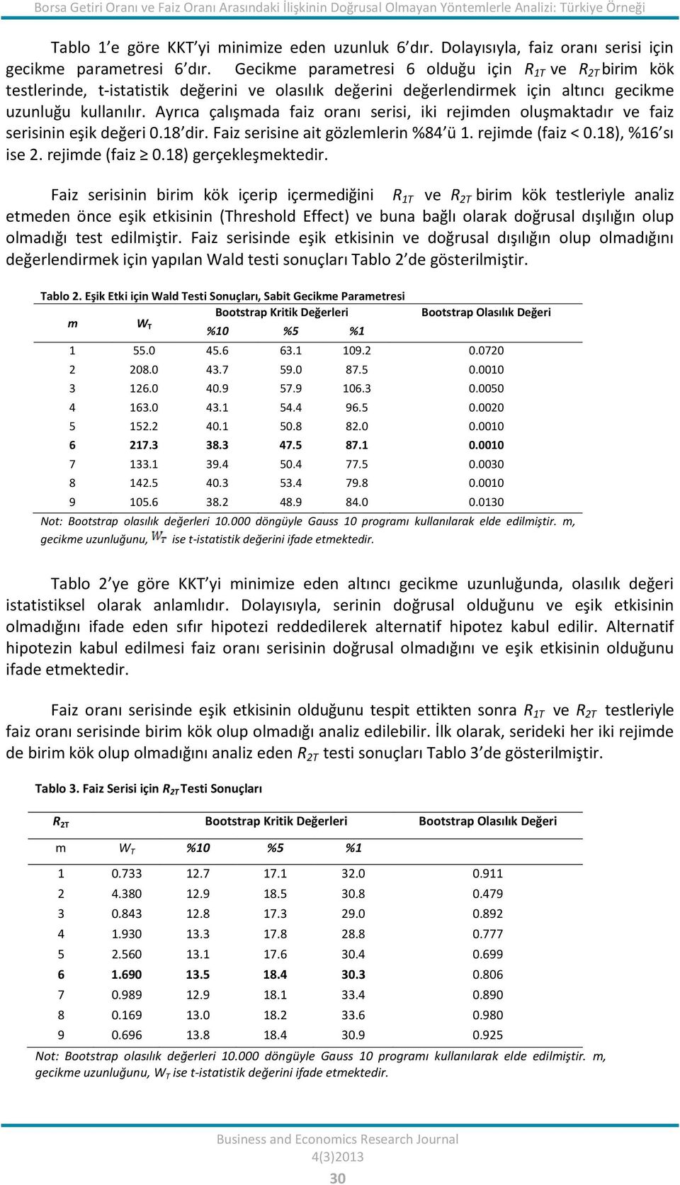 Gecikme parameresi 6 olduğu için R T ve R T birim kök eslerinde, -isaisik değerini ve olasılık değerini değerlendirmek için alıncı gecikme uzunluğu kullanılır.