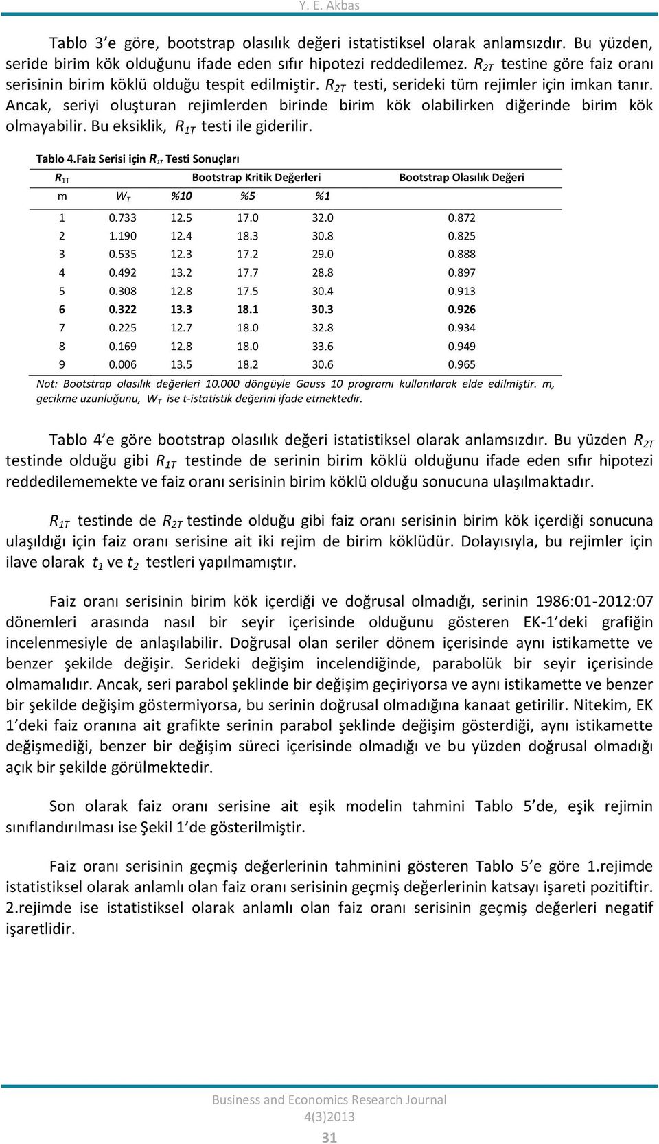 Ancak, seriyi oluşuran rejimlerden birinde birim kök olabilirken diğerinde birim kök olmayabilir. Bu eksiklik, R T esi ile giderilir. Tablo 4.