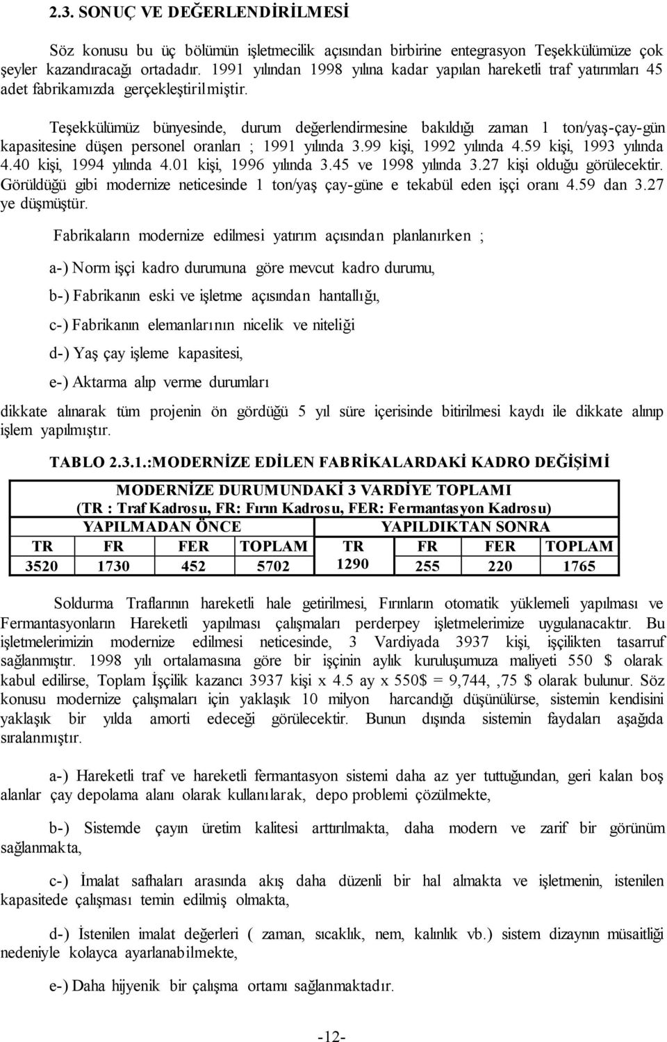 TeĢekkülümüz bünyesinde, durum değerlendirmesine bakıldığı zaman 1 ton/yaģ-çay-gün kapasitesine düģen personel oranları ; 1991 yılında 3.99 kiģi, 1992 yılında 4.59 kiģi, 1993 yılında 4.