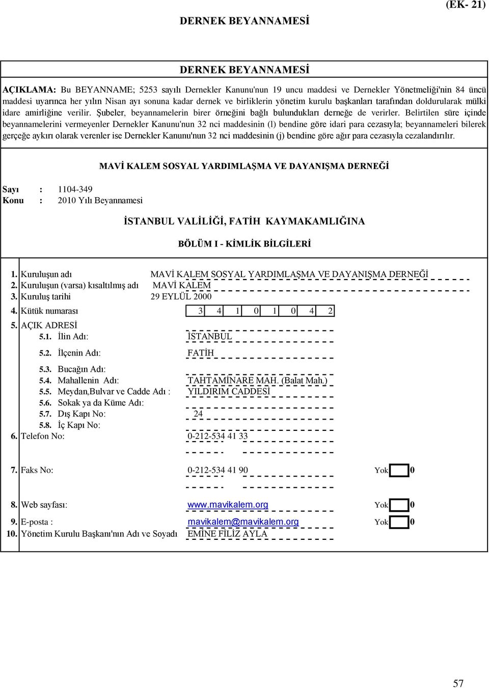 Belirtilen süre içinde beyannamelerini vermeyenler Dernekler Kanunu'nun 32 nci maddesinin (l) bendine göre idari para cezasıyla; beyannameleri bilerek gerçeğe aykırı olarak verenler ise Dernekler