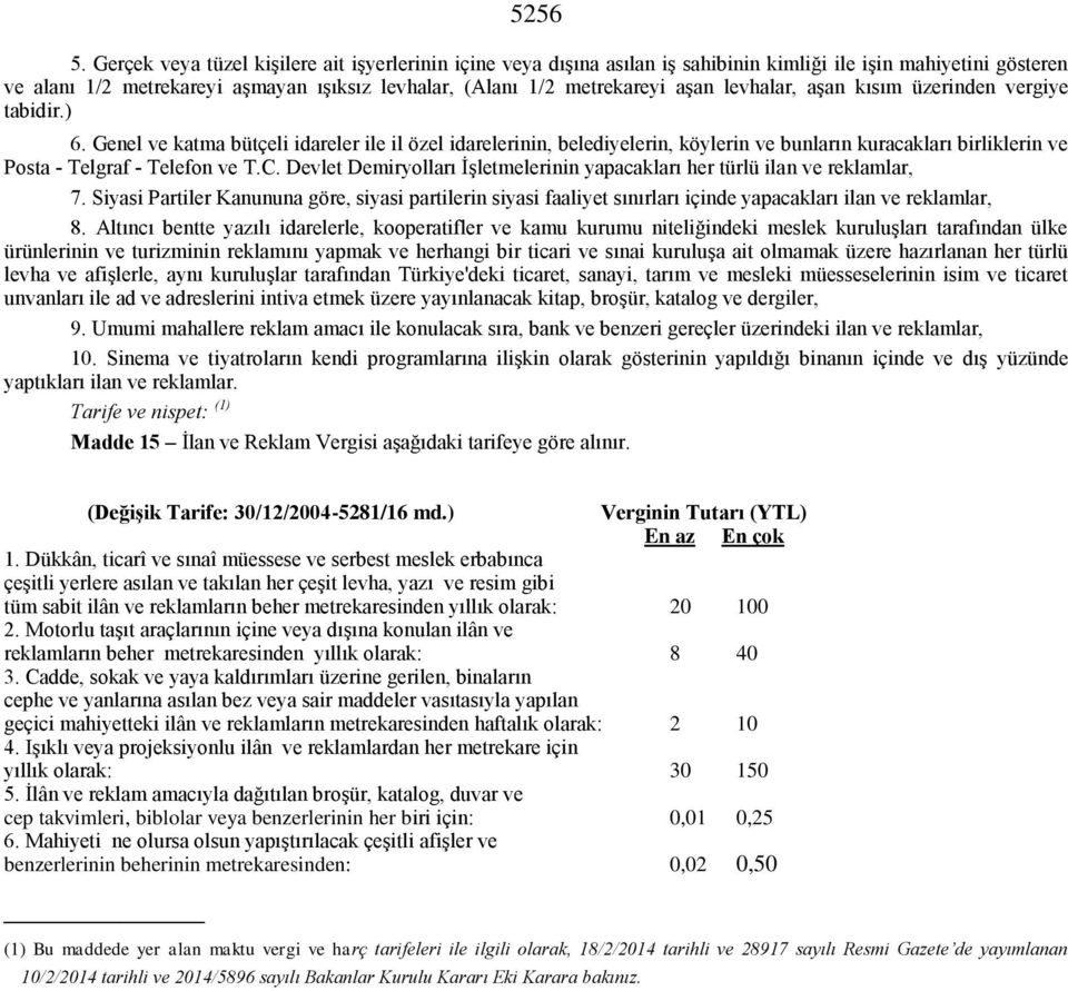 levhalar, aşan kısım üzerinden vergiye tabidir.) 6.