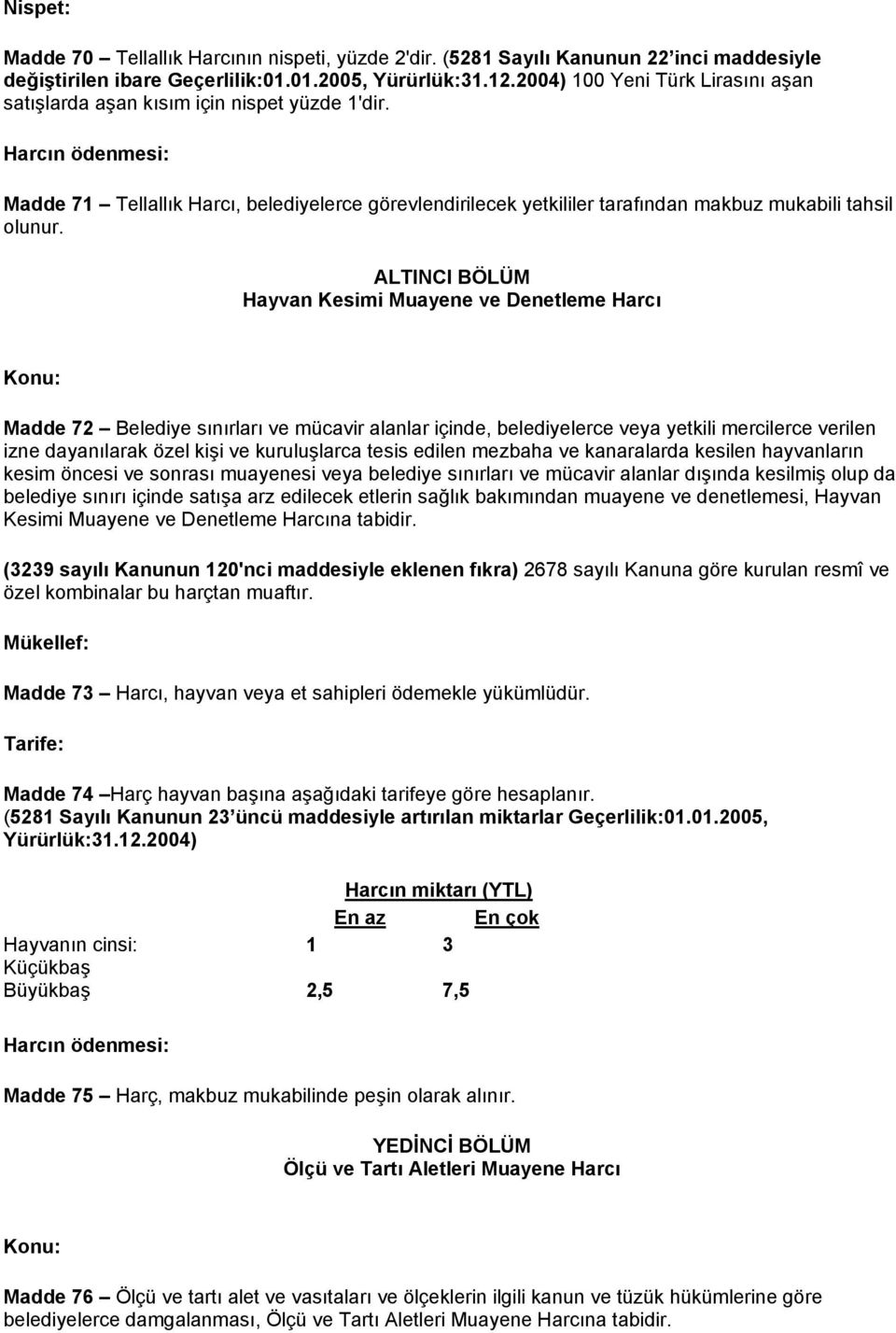 Harcın ödenmesi: Madde 71 Tellallık Harcı, belediyelerce görevlendirilecek yetkililer tarafından makbuz mukabili tahsil olunur.