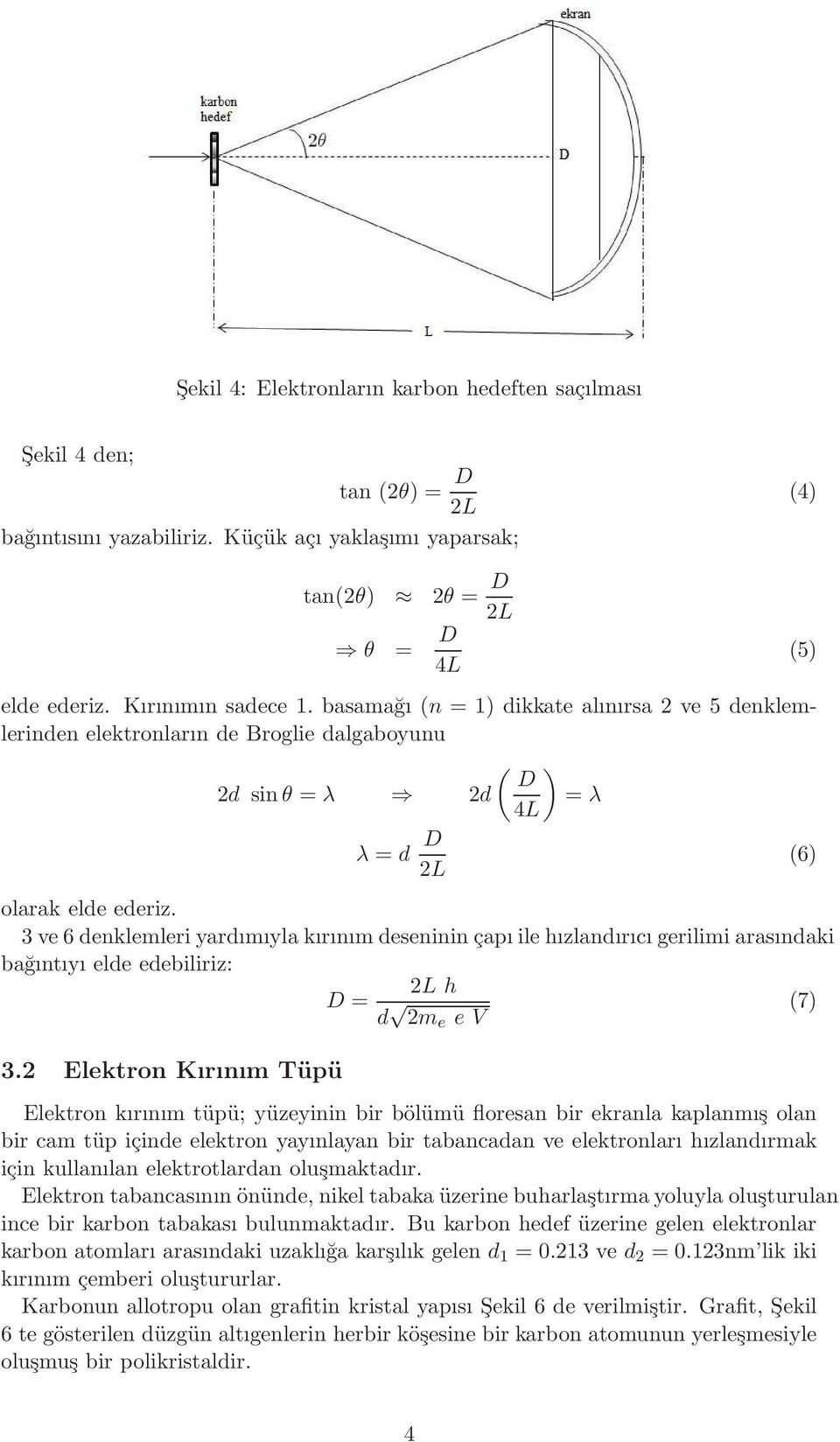 3 ve 6 denklemleri yardımıyla kırınım deseninin çapı ile hızlandırıcı gerilimi arasındaki bağıntıyı elde edebiliriz: 2L h D = d (7) 2m e e V 3.