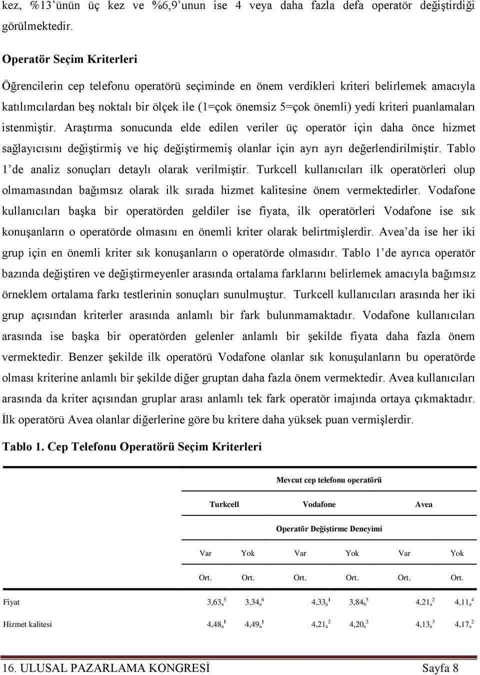 kriteri puanlamaları istenmiştir. Araştırma sonucunda elde edilen veriler üç operatör için daha önce hizmet sağlayıcısını değiştirmiş ve hiç değiştirmemiş olanlar için ayrı ayrı değerlendirilmiştir.