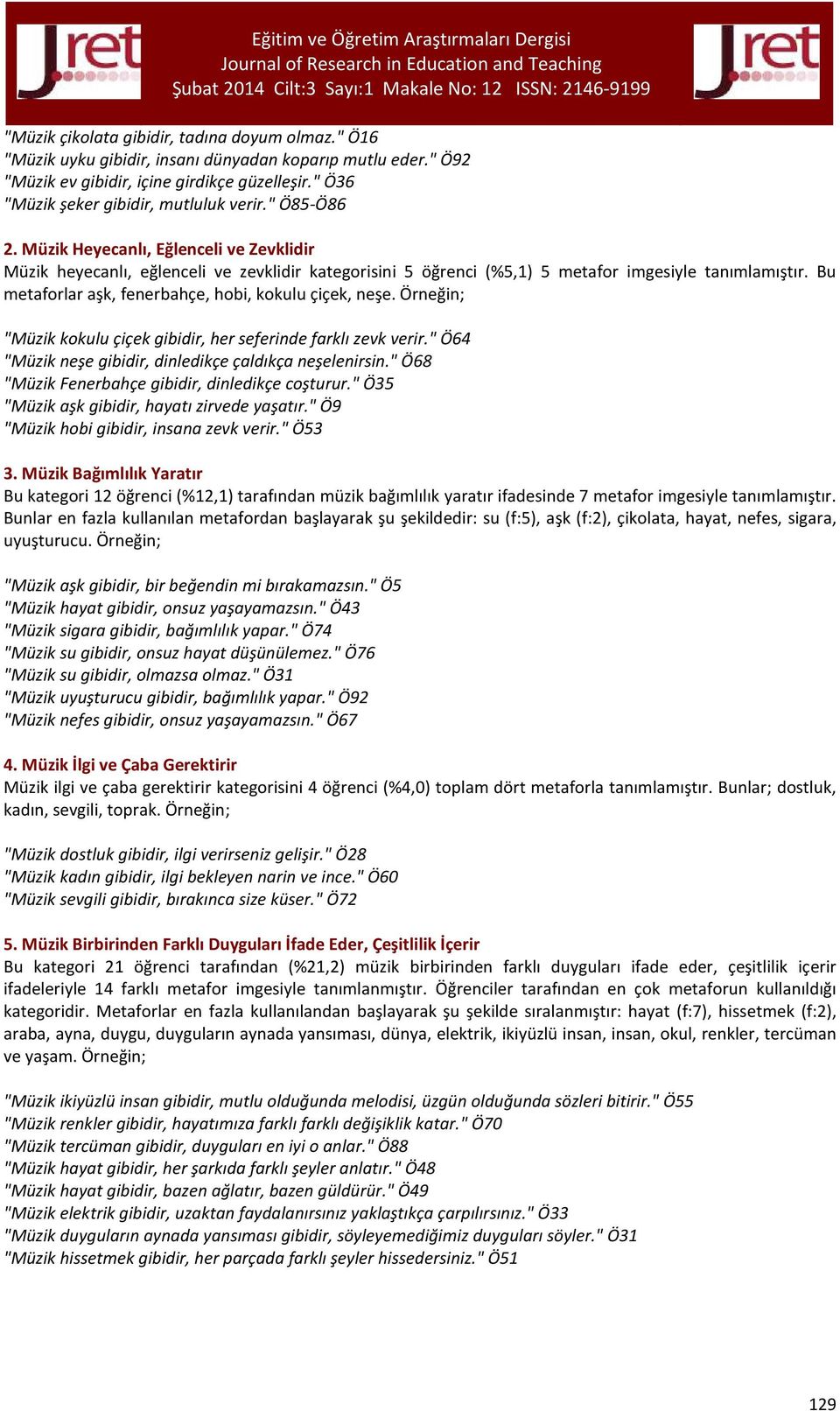 Bu metaforlar aşk, fenerbahçe, hobi, kokulu çiçek, neşe. Örneğin; "Müzik kokulu çiçek gibidir, her seferinde farklı zevk verir." Ö64 "Müzik neşe gibidir, dinledikçe çaldıkça neşelenirsin.