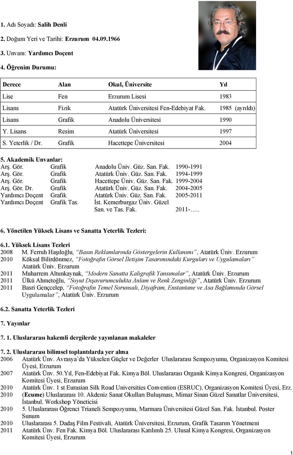 Lisans Resim Atatürk Üniversitesi 1997 S. Yeterlik / Dr. Grafik Hacettepe Üniversitesi 2004 5. Akademik Unvanlar: Arş. Gör. Grafik Anadolu Üniv. Güz. San. Fak. 1990-1991 Arş. Gör. Grafik Atatürk Üniv.