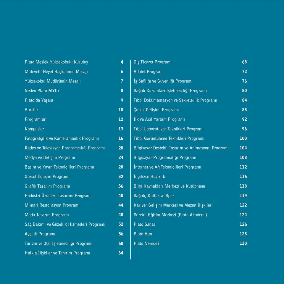 8 Sağlık Kurumları İşletmeciliği Programı 80 Plato da Yaşam 9 Tıbbi Dokümantasyon ve Sekreterlik Programı 84 Burslar 10 Çocuk Gelişimi Programı 88 Programlar 12 İlk ve Acil Yardım Programı 92