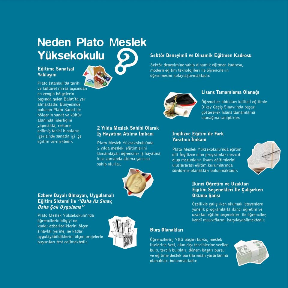 2 Yılda Meslek Sahibi Olarak İş Hayatına Atılma İmkanı Plato Meslek Yüksekokulu nda 2 yılda mesleki eğitimlerini tamamlayan öğrenciler iş hayatına kısa zamanda atılma şansına sahip olurlar.