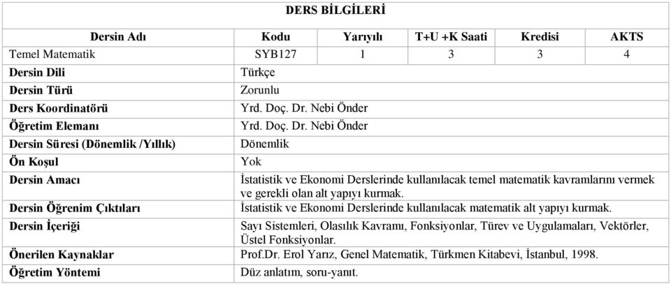 Nebi Önder İstatistik ve Ekonomi Derslerinde kullanılacak temel matematik kavramlarını vermek ve gerekli olan alt yapıyı kurmak.