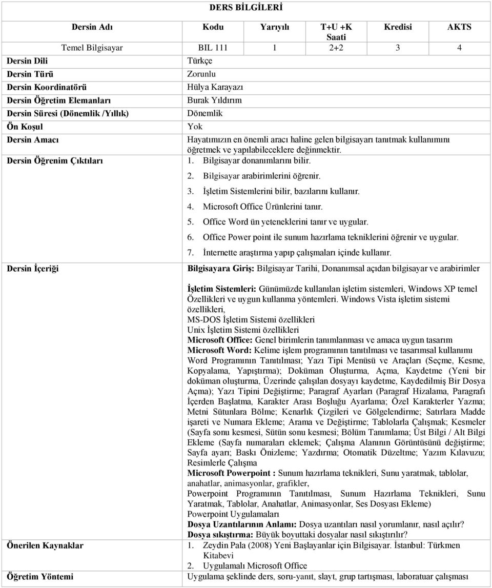4. Microsoft Office Ürünlerini tanır. 5. Office Word ün yeteneklerini tanır ve uygular. 6. Office Power point ile sunum hazırlama tekniklerini öğrenir ve uygular. 7.