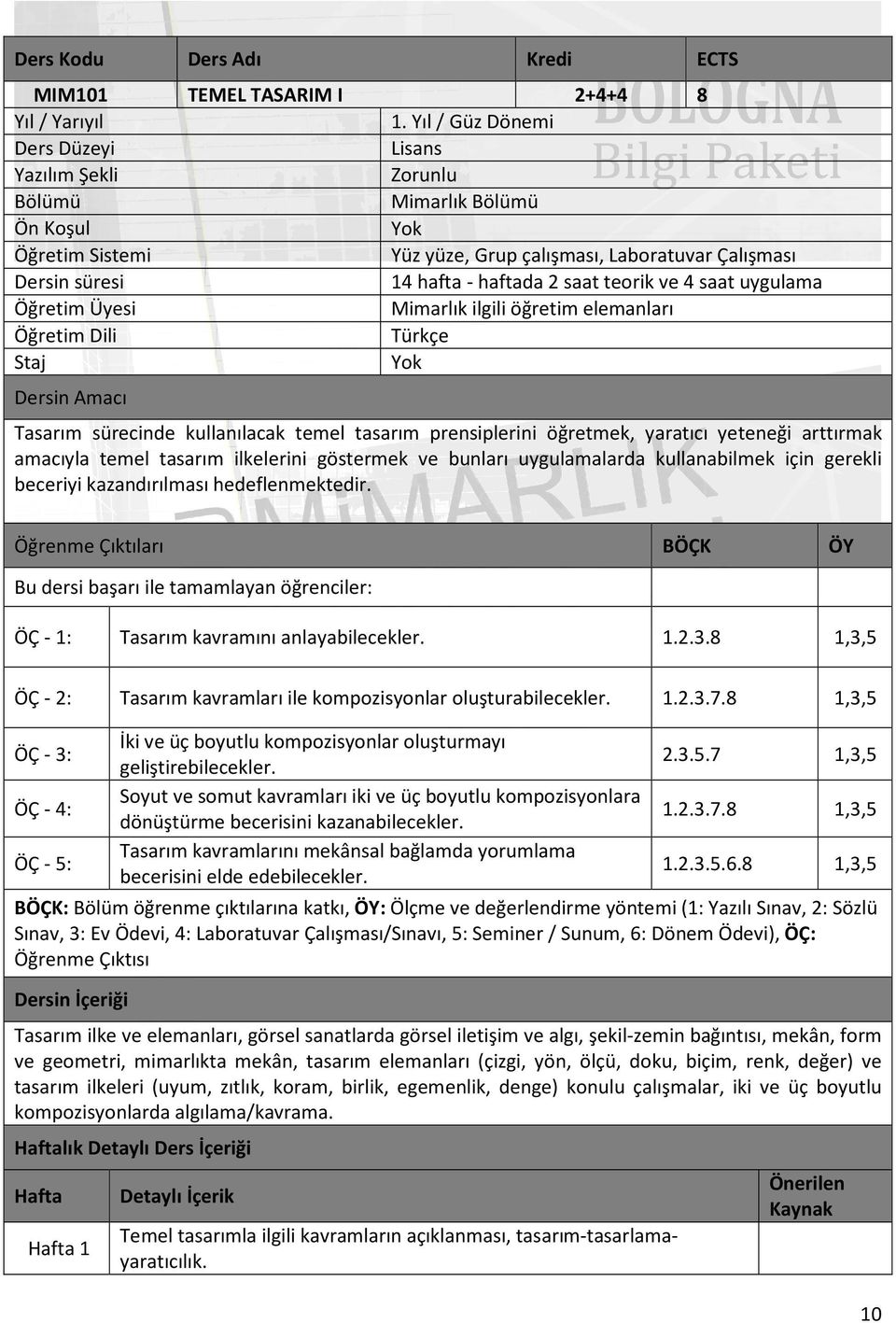 teorik ve 4 saat uygulama Öğretim Üyesi Mimarlık ilgili öğretim elemanları Öğretim Dili Türkçe Staj Yok Dersin Amacı Tasarım sürecinde kullanılacak temel tasarım prensiplerini öğretmek, yaratıcı