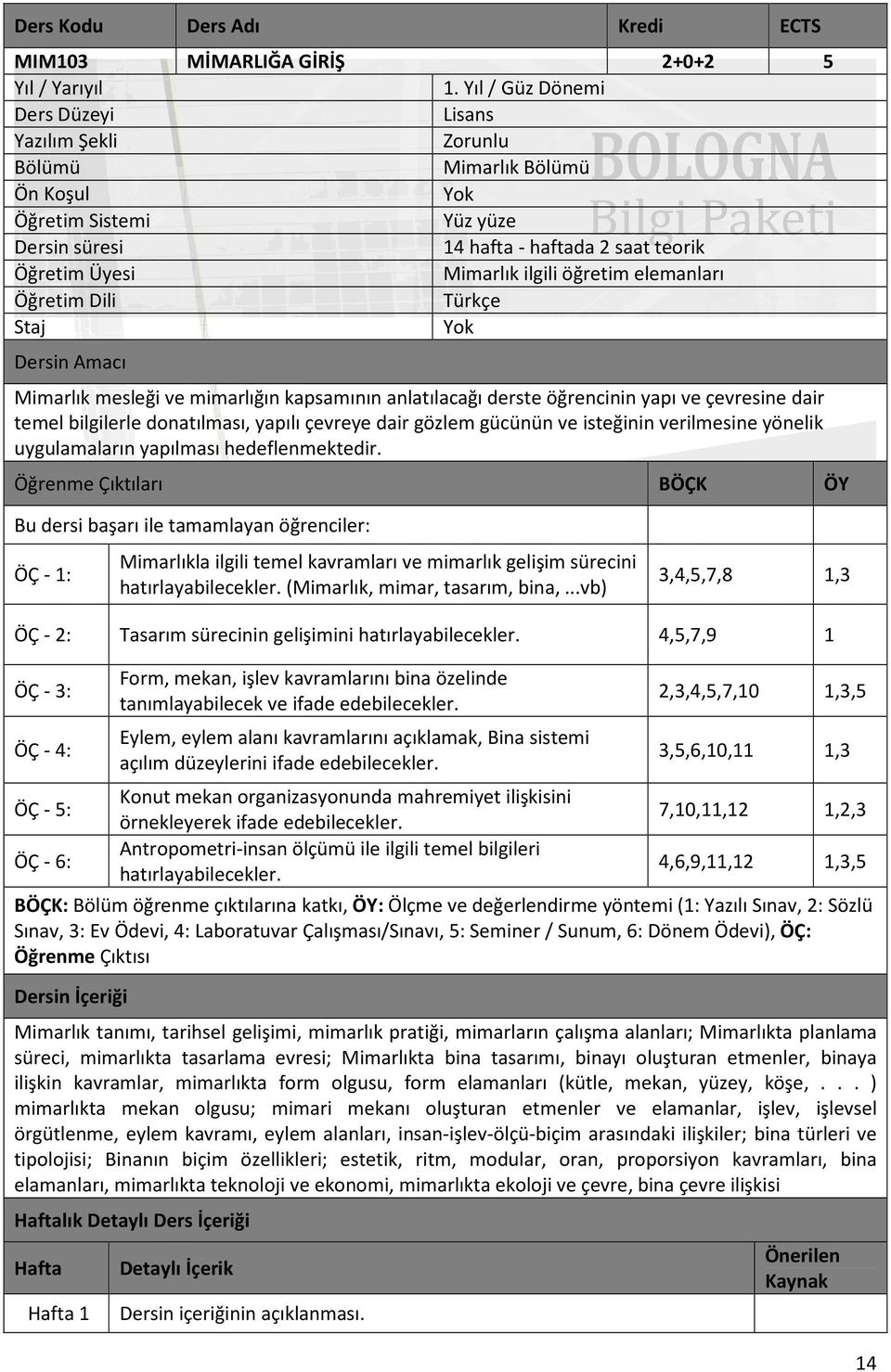 öğretim elemanları Öğretim Dili Türkçe Staj Yok Dersin Amacı Mimarlık mesleği ve mimarlığın kapsamının anlatılacağı derste öğrencinin yapı ve çevresine dair temel bilgilerle donatılması, yapılı