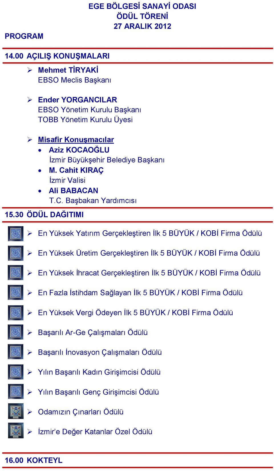 Cahit KIRAÇ İzmir Valisi Ali BABACAN T.C. Başbakan Yardımcısı 15.