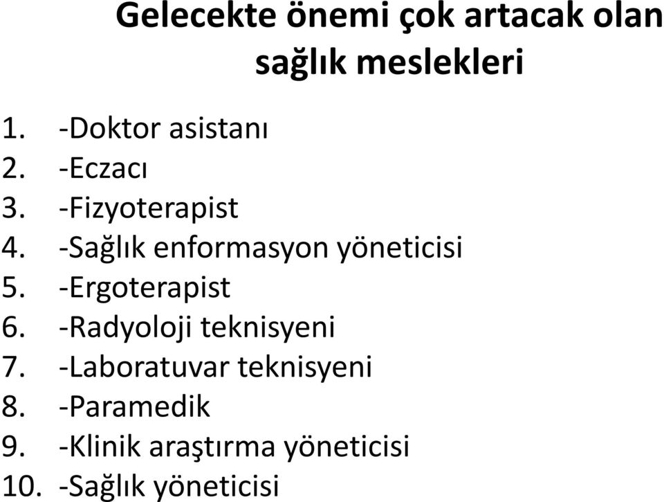 -Sağlık enformasyon yöneticisi 5. -Ergoterapist 6.