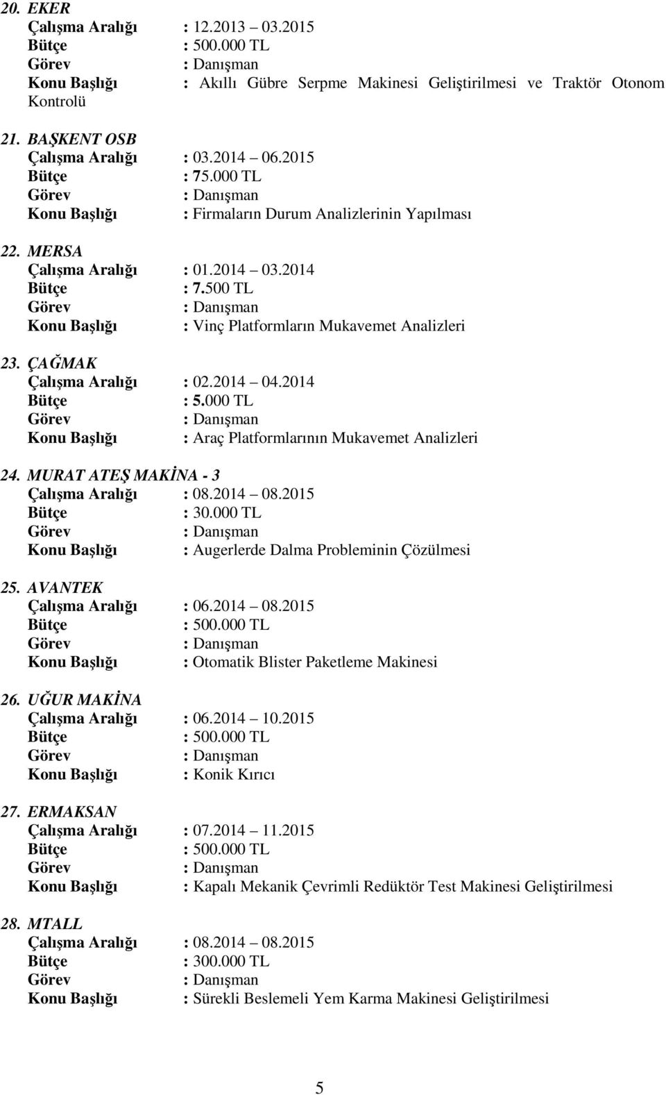 ÇAĞMAK Çalışma Aralığı : 02.2014 04.2014 : 5.000 TL Konu Başlığı : Araç Platformlarının Mukavemet Analizleri 24. MURAT ATEŞ MAKĐNA - 3 Çalışma Aralığı : 08.2014 08.2015 : 30.