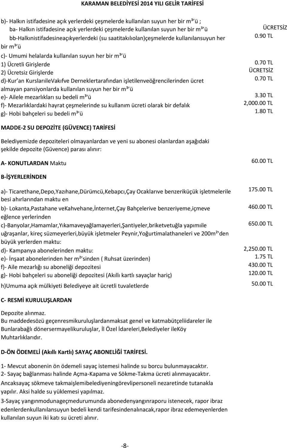 d)-kur an KurslarıileVakıfve Derneklertarafından işletilenveöğrencilerinden ücret almayan pansiyonlarda kullanılan suyun her bir m³ ü e)- Ailele mezarlıkları su bedeli m³'ü f)- Mezarlıklardaki hayrat