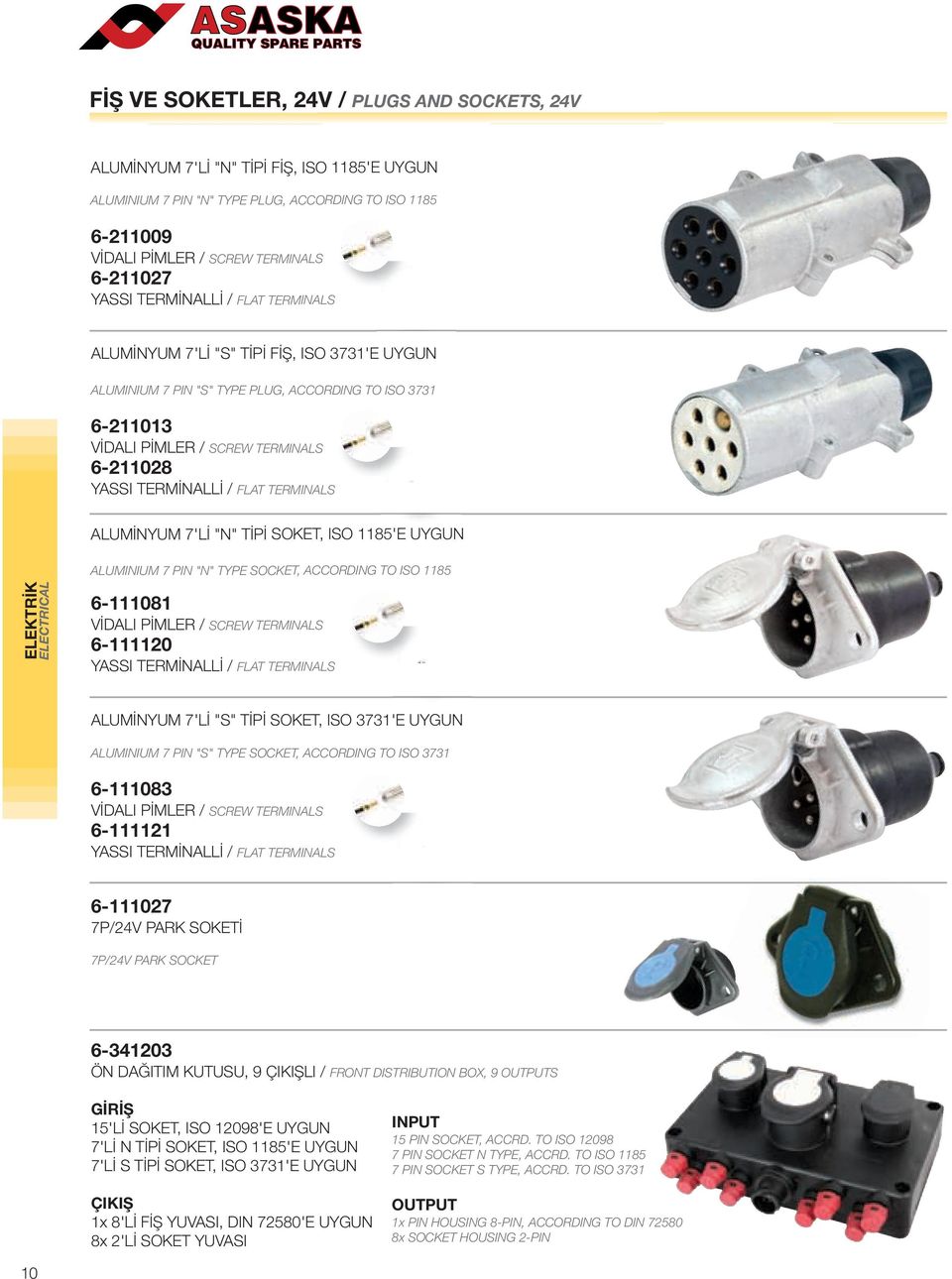 / FLAT TERMINALS ALUMİNYUM 7'Lİ "N" TİPİ SOKET, ISO 1185'E UYGUN ALUMINIUM 7 PIN "N" TYPE SOCKET, ACCORDING TO ISO 1185 ELEKTRİK ELECTRICAL 6-111081 VİDALI PİMLER / SCREW TERMINALS 6-111120 YASSI