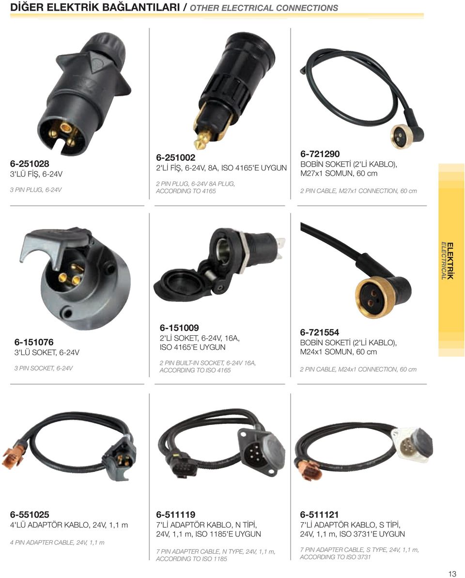 4165'E UYGUN 2 PIN BUILT-IN SOCKET, 6-24V 16A, ACCORDING TO ISO 4165 6-721554 BOBİN SOKETİ (2'Lİ KABLO), M24x1 SOMUN, 60 cm 2 PIN CABLE, M24x1 CONNECTION, 60 cm 6-551025 4'LÜ ADAPTÖR KABLO, 24V, 1,1