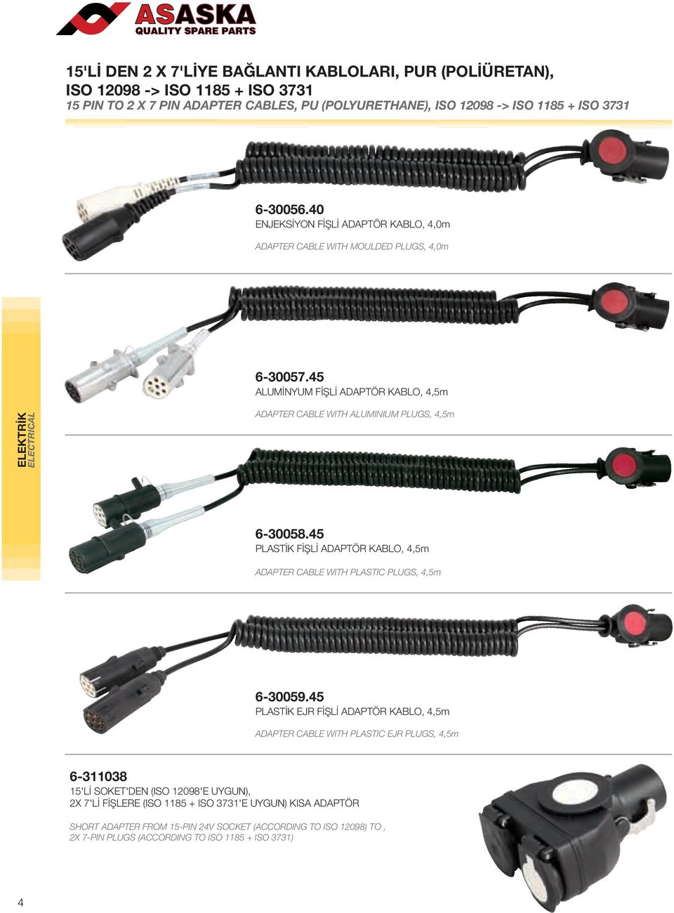 45 ALUMİNYUM FİŞLİ ADAPTÖR KABLO, 4,5m ELEKTRİK ELECTRICAL ADAPTER CABLE WITH ALUMINIUM PLUGS, 4,5m 6-30058.45 PLASTİK FİŞLİ ADAPTÖR KABLO, 4,5m ADAPTER CABLE WITH PLASTIC PLUGS, 4,5m 6-30059.