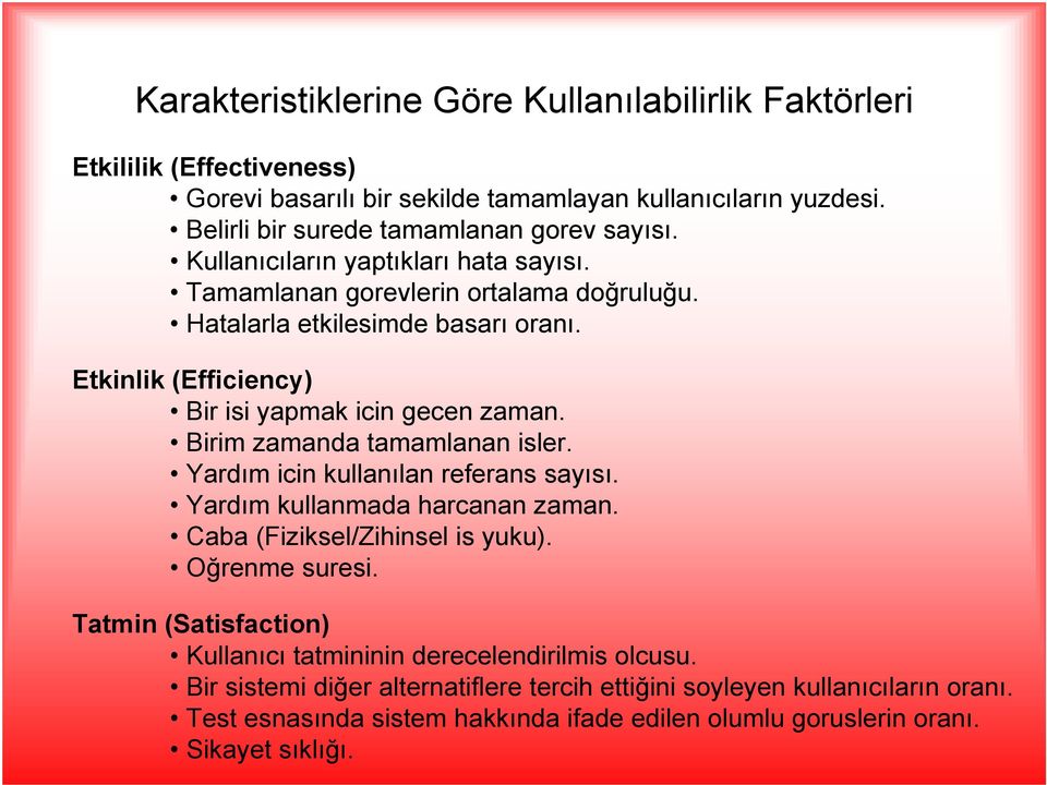 Birim zamanda tamamlanan isler. Yardım icin kullanılan referans sayısı. Yardım kullanmada harcanan zaman. Caba (Fiziksel/Zihinsel is yuku). Oğrenme suresi.