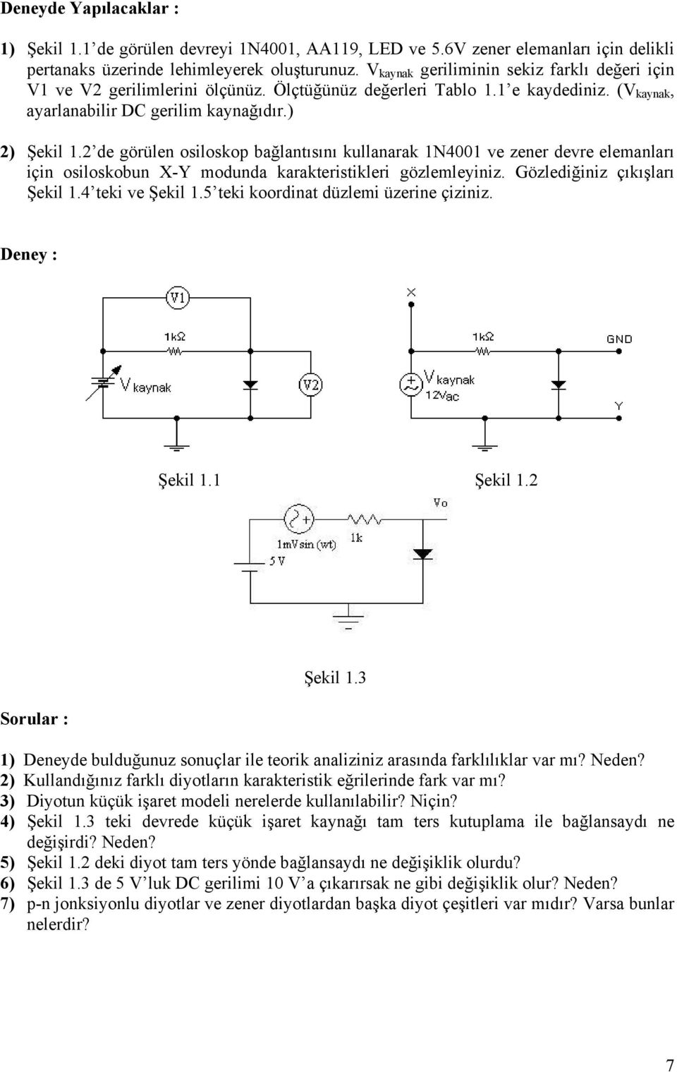 2 de görülen osiloskop bağlantısını kullanarak 1N4001 ve zener devre elemanları için osiloskobun X-Y modunda karakteristikleri gözlemleyiniz. Gözlediğiniz çıkışları Şekil 1.4 teki ve Şekil 1.