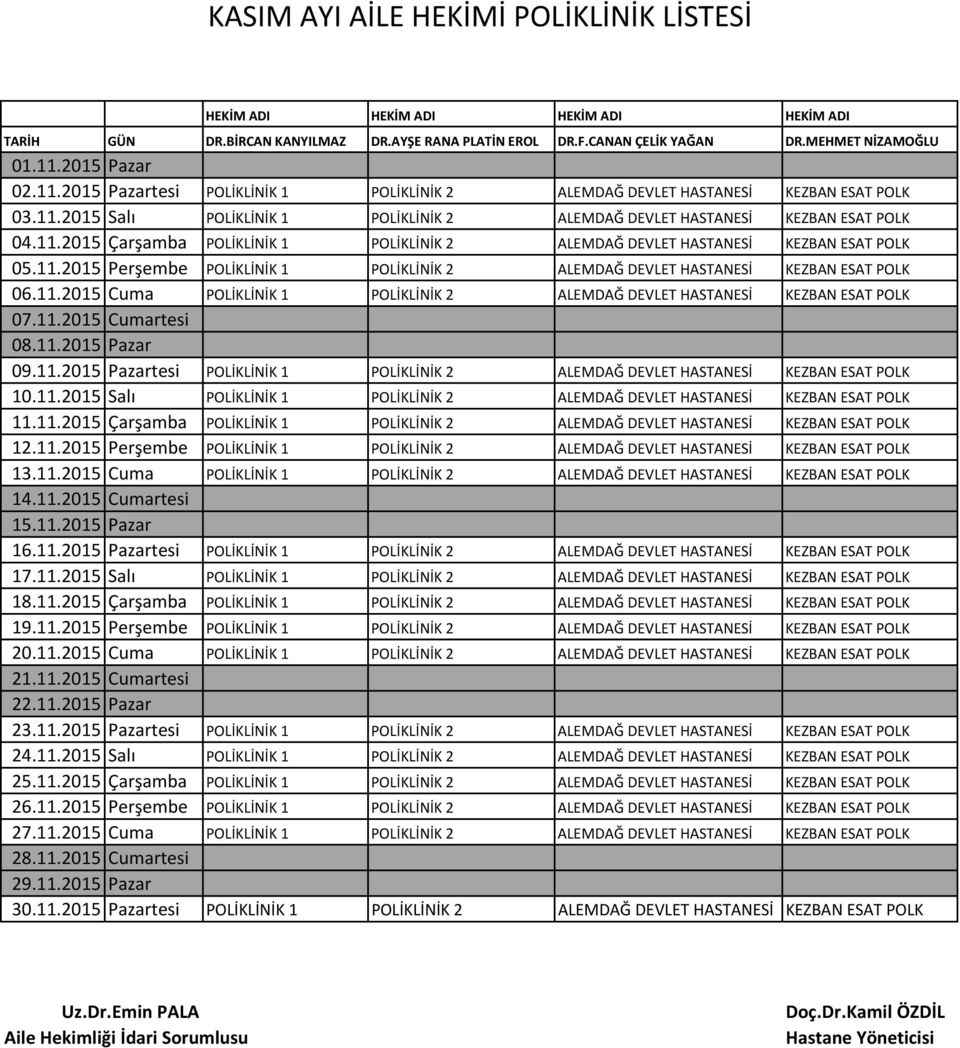 11.2015 Perşembe 1 2 ALEMDAĞ DEVLET HASTANESİ KEZBAN ESAT POLK 06.11.2015 Cuma 1 2 ALEMDAĞ DEVLET HASTANESİ KEZBAN ESAT POLK 07.11.2015 Cumartesi 08.11.2015 Pazar 09.11.2015 Pazartesi 1 2 ALEMDAĞ DEVLET HASTANESİ KEZBAN ESAT POLK 10.