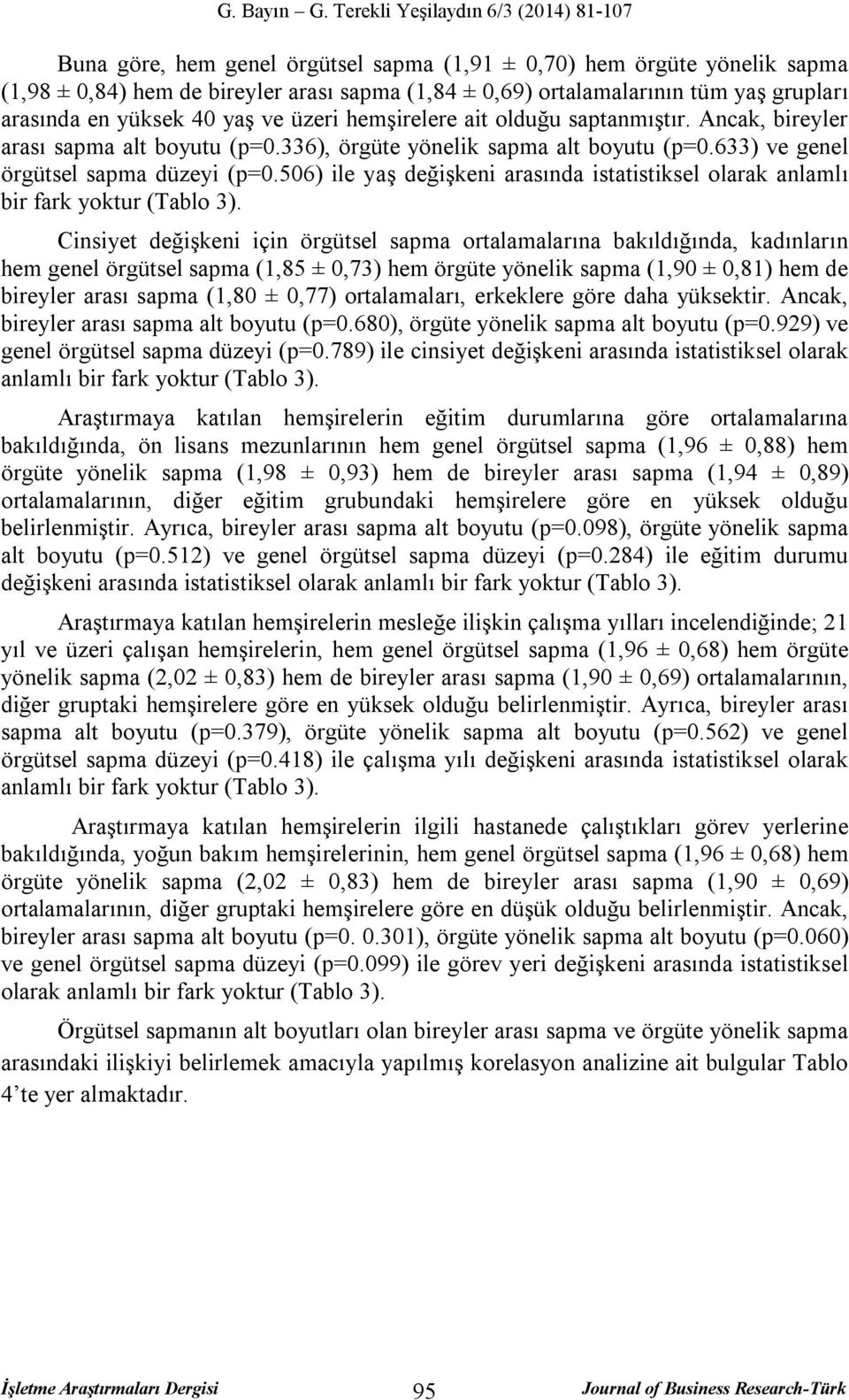 506) ile yaş değişkeni arasında istatistiksel olarak anlamlı bir fark yoktur (Tablo 3).