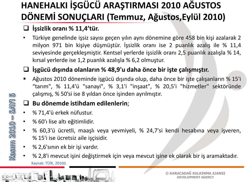 Kentsel yerlerde işsizlik oranı 2,5 puanlık azalışla % 14, kırsal yerlerde ise 1,2 puanlık azalışla % 6,2 olmuştur. İşgücü dışında olanların % 48,9'u daha önce bir işte çalışmıştır.