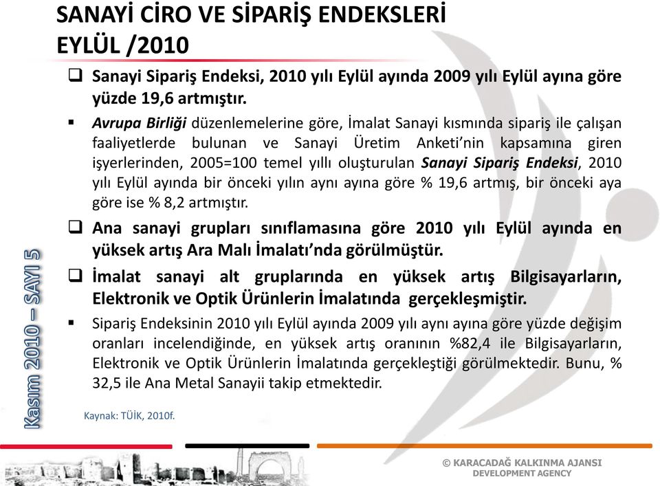 Sanayi Sipariş Endeksi, 2010 yılı Eylül ayında bir önceki yılın aynı ayına göre % 19,6 artmış, bir önceki aya göre ise % 8,2 artmıştır.