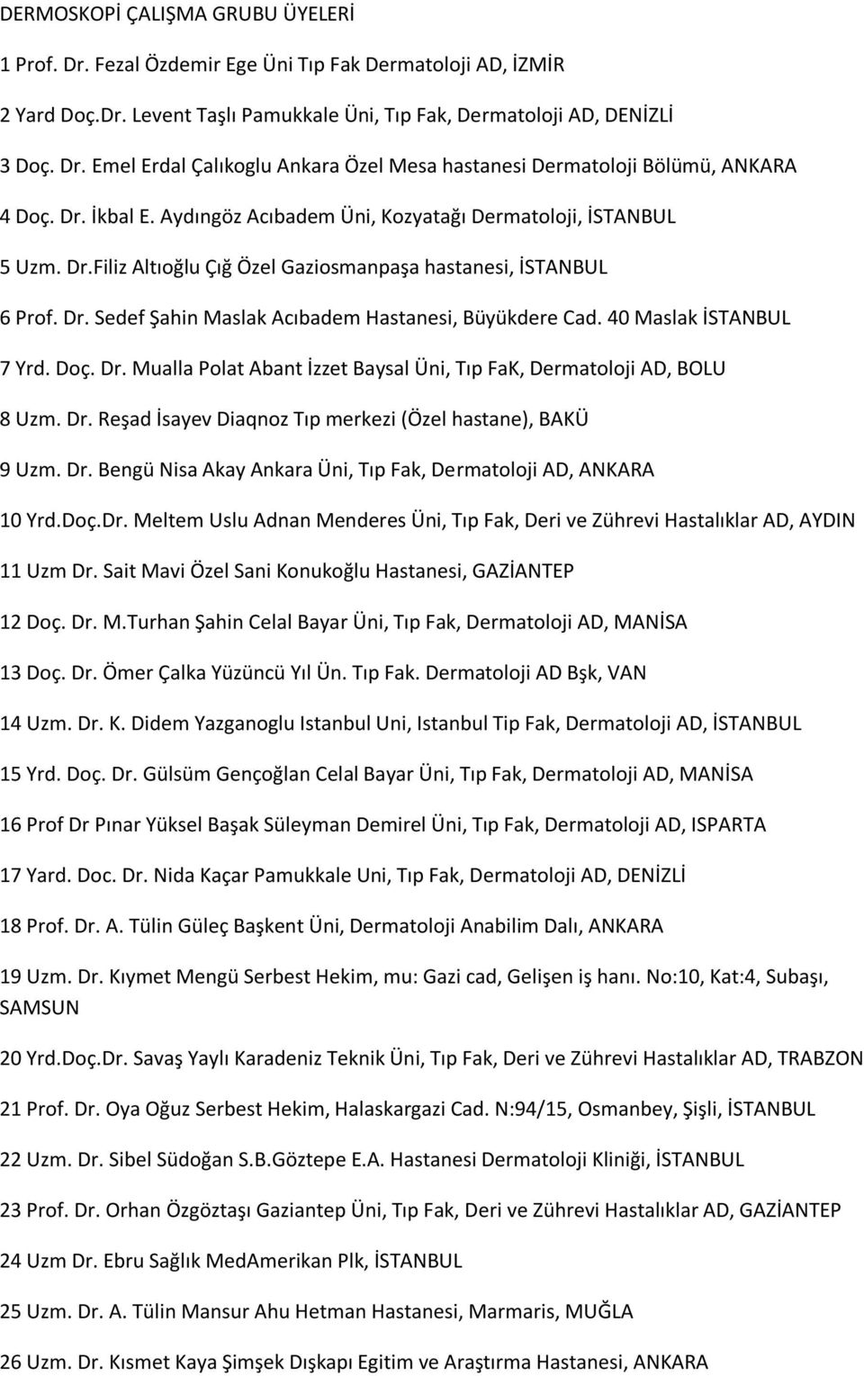 40 Maslak İSTANBUL 7 Yrd. Doç. Dr. Mualla Polat Abant İzzet Baysal Üni, Tıp FaK, Dermatoloji AD, BOLU 8 Uzm. Dr. Reşad İsayev Diaqnoz Tıp merkezi (Özel hastane), BAKÜ 9 Uzm. Dr. Bengü Nisa Akay Ankara Üni, Tıp Fak, Dermatoloji AD, ANKARA 10 Yrd.