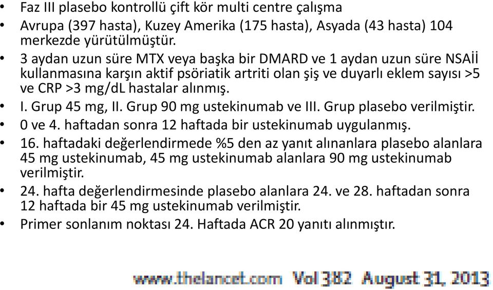 Grup 45 mg, II. Grup 90 mg ustekinumab ve III. Grup plasebo verilmiştir. 0 ve 4. haftadan sonra 12 haftada bir ustekinumab uygulanmış. 16.