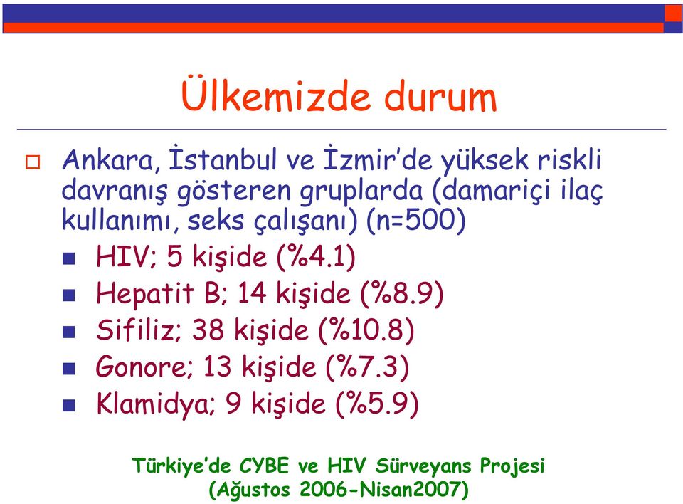 1) Hepatit B; 14 kişide (%8.9) Sifiliz; 38 kişide (%10.8) Gonore; 13 kişide (%7.