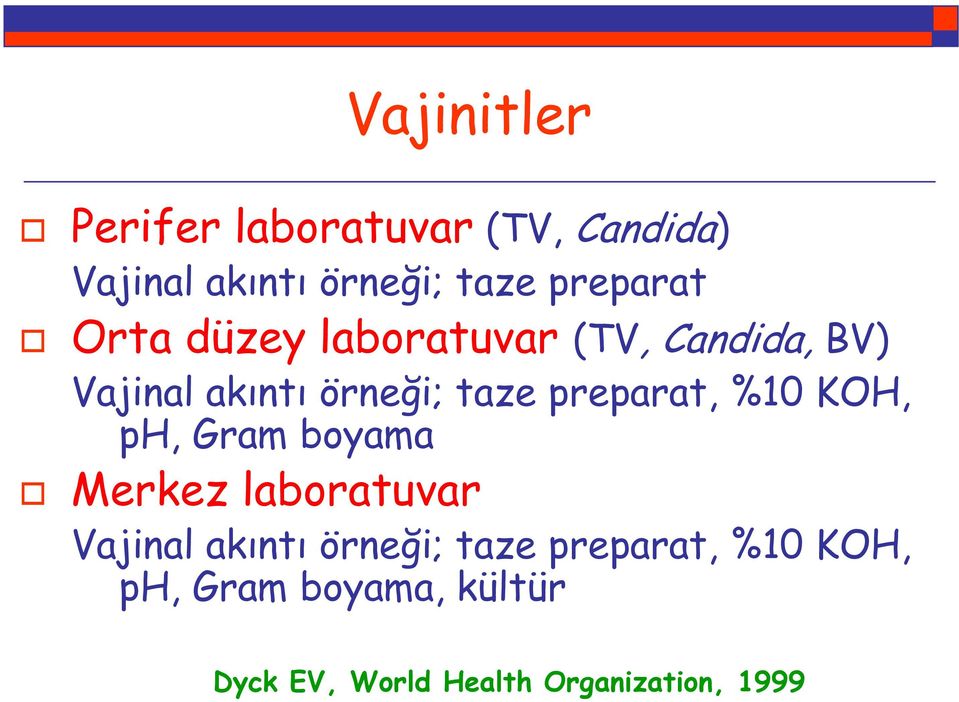 preparat, %10 KOH, ph, Gram boyama Merkez laboratuvar Vajinal akıntı örneği;