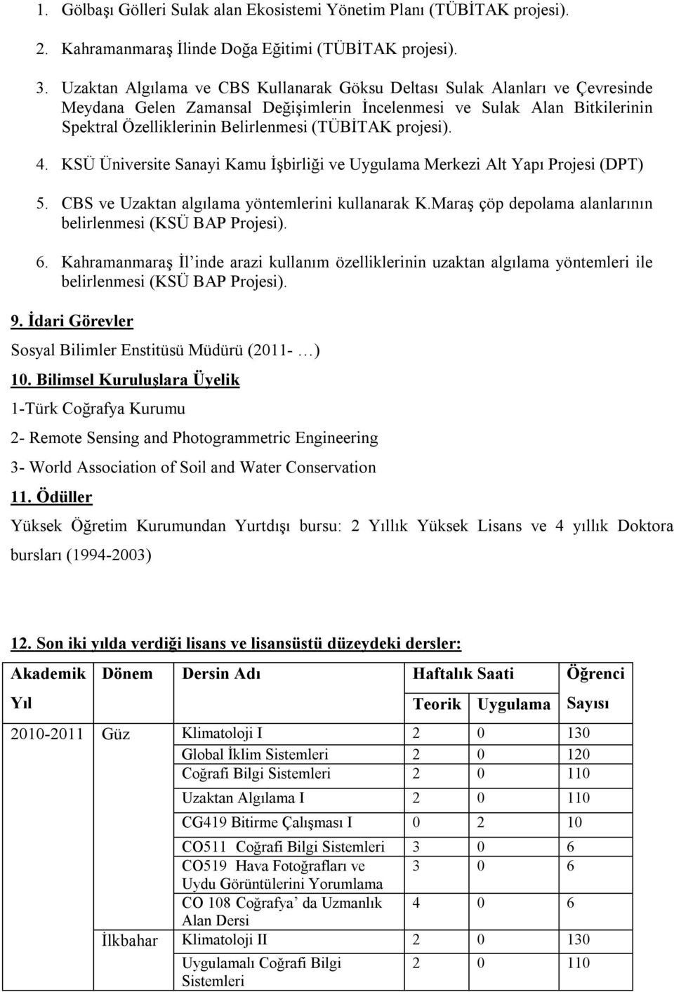 projesi). 4. KSÜ Üniversite Sanayi Kamu İşbirliği ve Uygulama Merkezi Alt Yapı Projesi (DPT) 5. CBS ve Uzaktan algılama yöntemlerini kullanarak K.