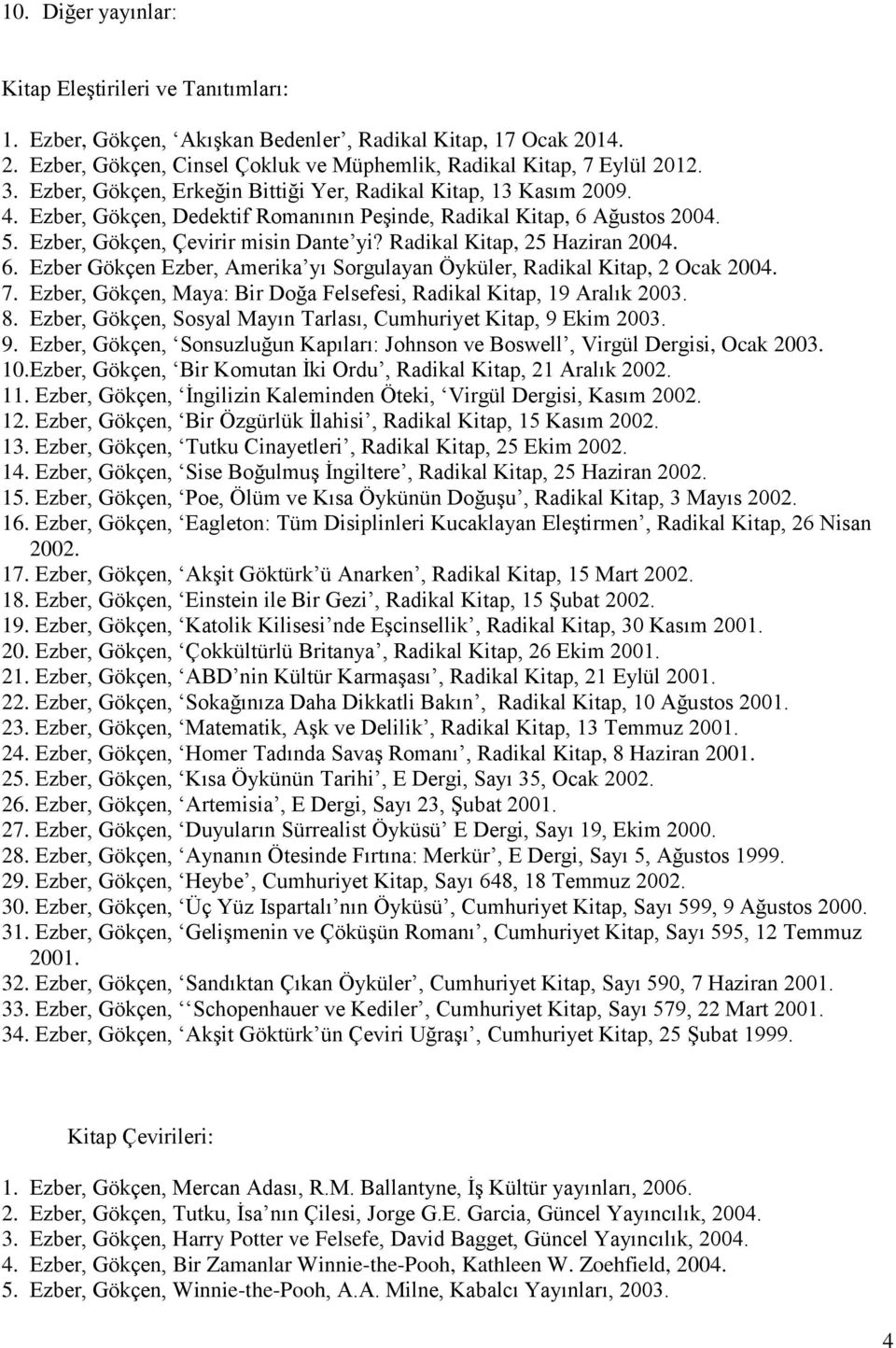 Radikal Kitap, 25 Haziran 2004. 6. Ezber Gökçen Ezber, Amerika yı Sorgulayan Öyküler, Radikal Kitap, 2 Ocak 2004. 7. Ezber, Gökçen, Maya: Bir Doğa Felsefesi, Radikal Kitap, 19 Aralık 2003. 8.