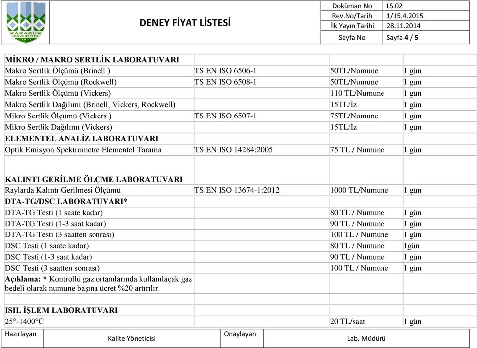 ANALİZ LABORATUVARI Optik Emisyon Spektrometre Elementel Tarama TS EN ISO 14284:2005 75 TL / Numune KALINTI GERİLME ÖLÇME LABORATUVARI Raylarda Kalıntı Gerilmesi Ölçümü TS EN ISO 13674-1:2012 1000