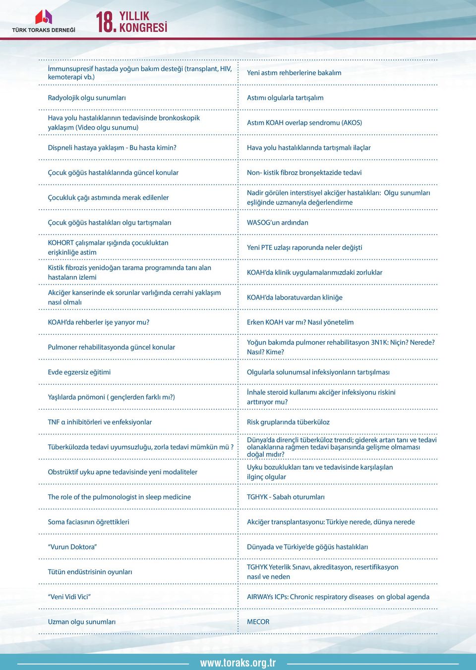 Astımı olgularla tartışalım Astım KOAH overlap sendromu (AKOS) Hava yolu hastalıklarında tartışmalı ilaçlar Çocuk göğüs hastalıklarında güncel konular Çocukluk çağı astımında merak edilenler Çocuk