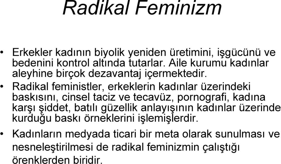 Radikal feministler, erkeklerin kadınlar üzerindeki baskısını, cinsel taciz ve tecavüz, pornografi, kadına karşı şiddet,