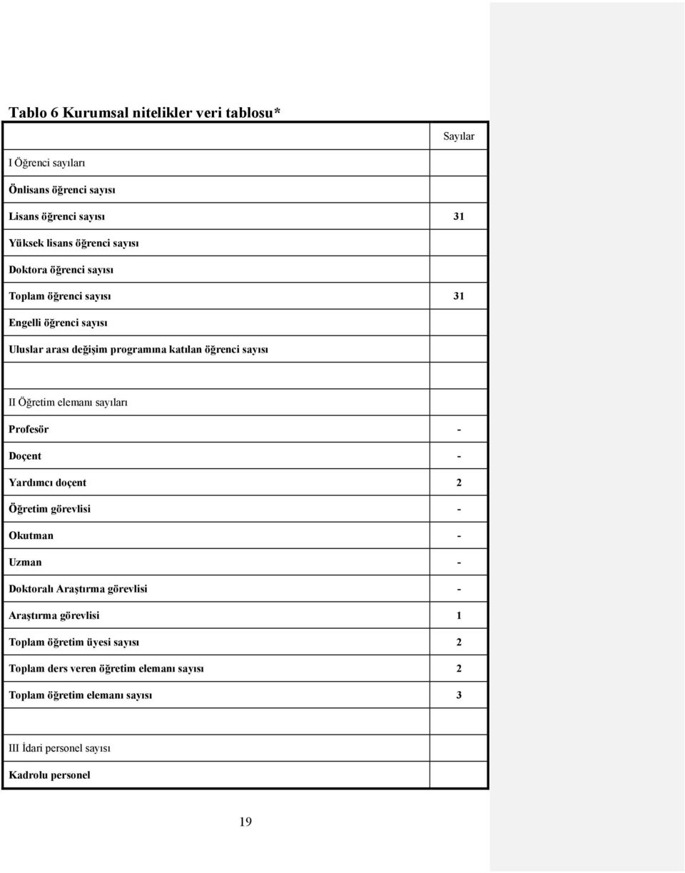 elemanı sayıları Profesör - Doçent - Yardımcı doçent 2 Öğretim görevlisi - Okutman - Uzman - Doktoralı Araştırma görevlisi - Araştırma görevlisi