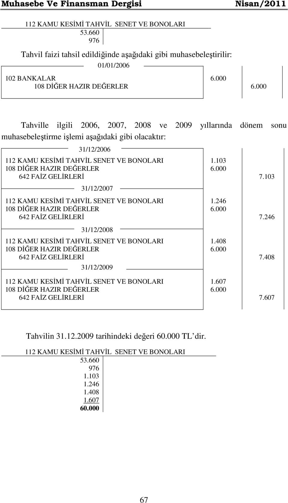 aşağıdaki gibi olacaktır: 31/12/2006 112 KAMU KESİMİ TAHVİL SENET VE BONOLARI 1.103 642 FAİZ GELİRLERİ 7.103 31/12/2007 112 KAMU KESİMİ TAHVİL SENET VE BONOLARI 1.246 642 FAİZ GELİRLERİ 7.