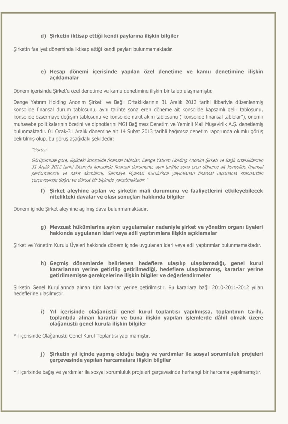 Denge Yatırım Holding Anonim Şirketi ve Bağlı Ortaklıklarının 31 Aralık 2012 tarihi itibariyle düzenlenmiş konsolide finansal durum tablosunu, aynı tarihte sona eren döneme ait konsolide kapsamlı