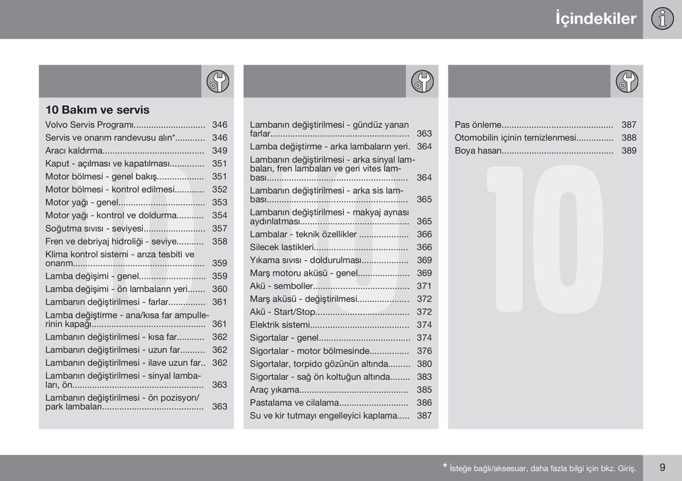 .. 358 Klima kontrol sistemi - arıza tesbiti ve onarım... 359 Lamba değişimi - genel... 359 Lamba değişimi - ön lambaların yeri... 360 Lambanın değiştirilmesi - farlar.